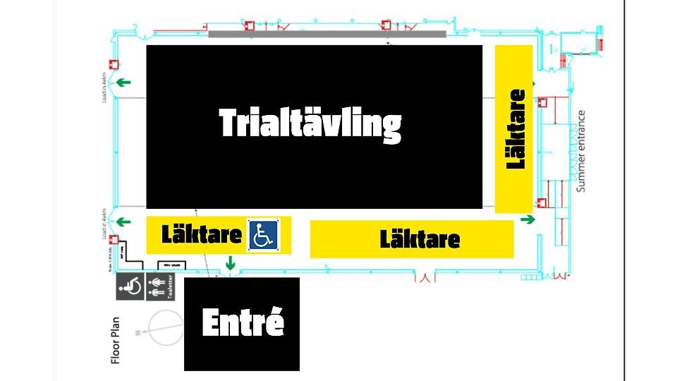 Kartbild över eventhallen med utrymningsvägar
