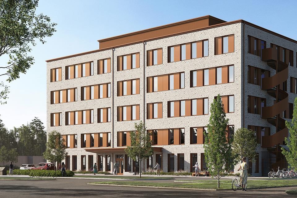 Visualisering på femvåningshus i tegel.