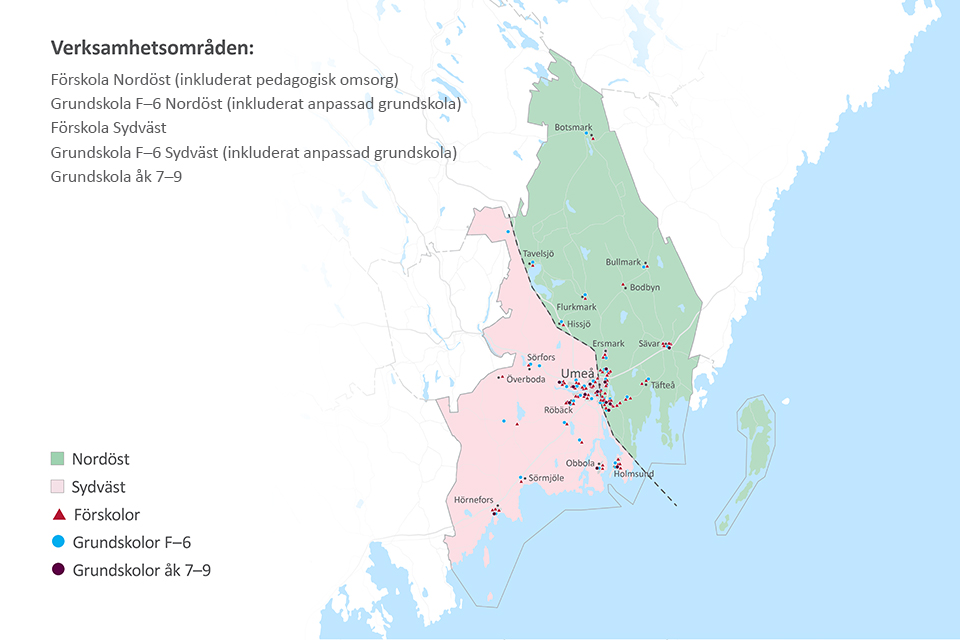 Karta över fem verksamhetsområden för förskola, grundskola inklusive grundsärskola.