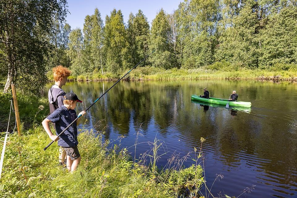 Två barn fiskar vid ett vattendrag en solig sommardag. Två personer paddlar förbi i en grön kanot.