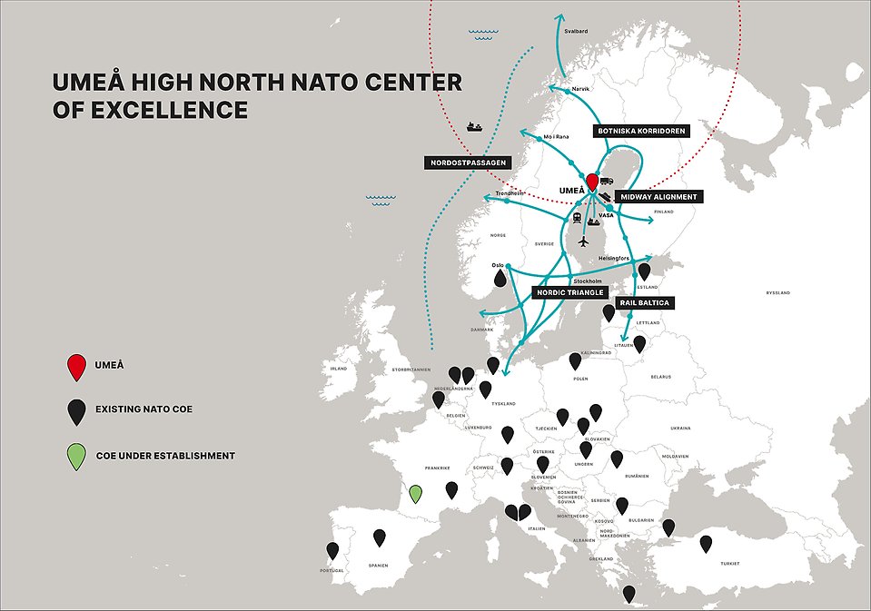 Bilden visar en karta över olika Nato-center i Europa, samt att Umeå har fördelaktig position för att kunna bli ett sådant.