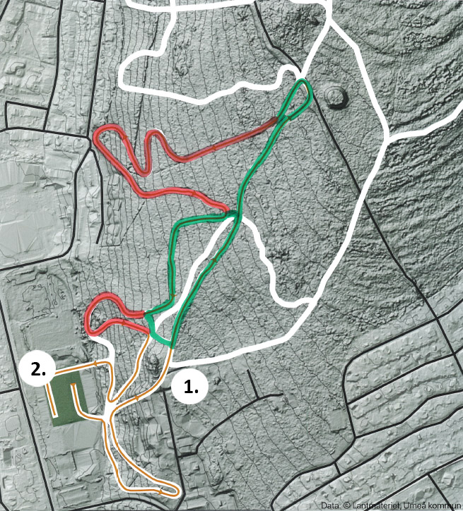 En karta över skidpåret som även visar på den röda sträckan och den gröna sträckan. På kartan markeras det även ut vart entré Kvarnen ligger.