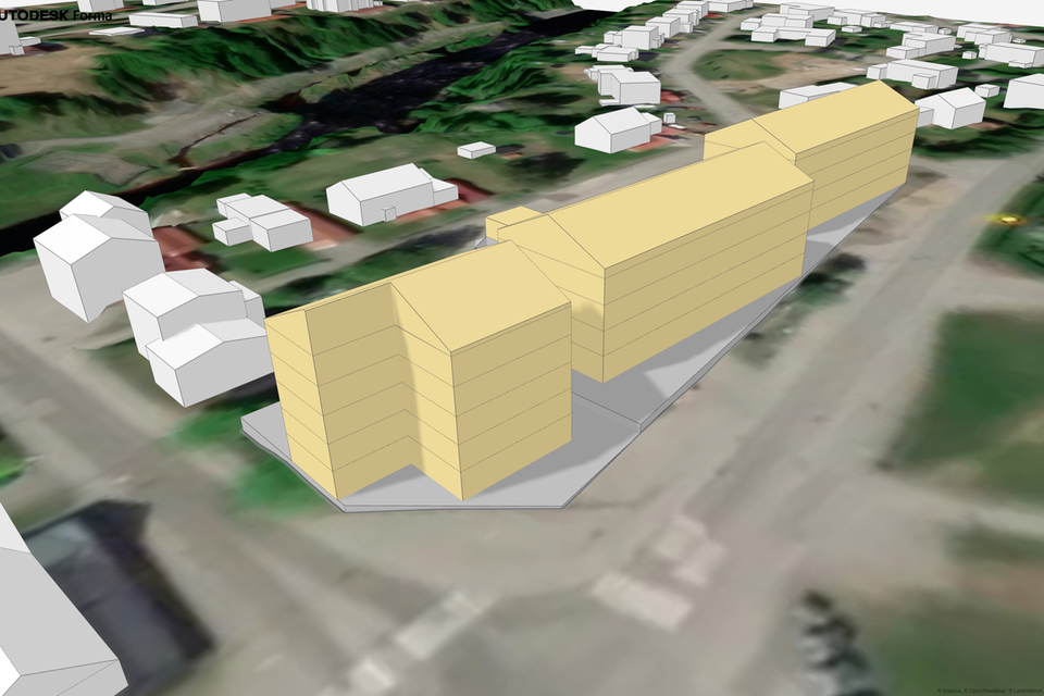 3D illustration som visar möjliga byggnadsvolymer i 5 våningar med sadeltak i 3 huskroppar.
