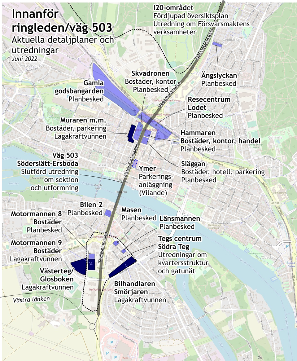 Karta som visar pågående detaljplanering markerat i lila