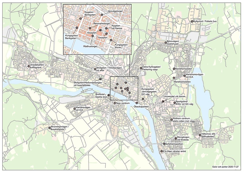 Karta på platser där man får affischera i Umeå