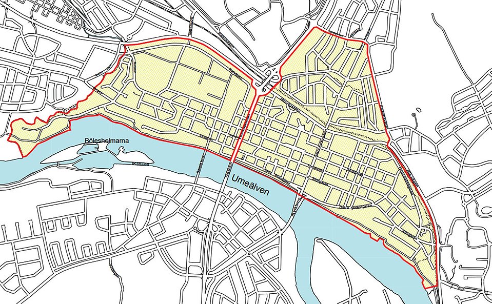 Kartillustration över stadens centrala delar som utgör miljözon.