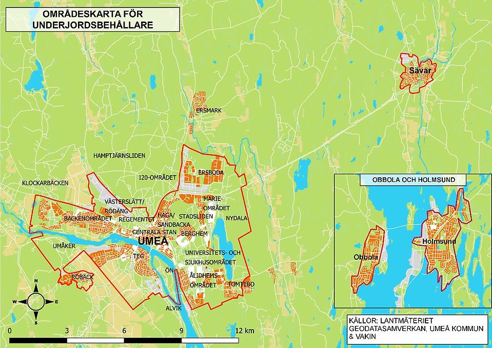 Områdeskarta för underjordsbehållare i Umeå tätort, Sävar, Obbola och Holmsund.