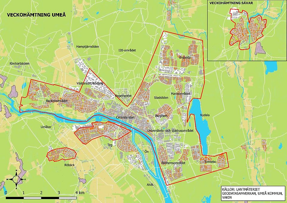 Karta över områden med veckohämtning i Umeå, Röbäck och Sävar.