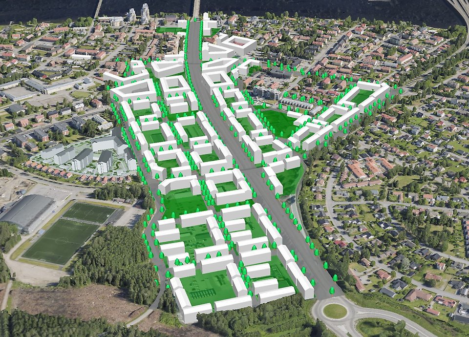 Skärmdump från 3D-modellen som visar hur Teg kan komma att utvecklas. Nya byggnader och kvarter är markerade som vita klossar/volymer. 