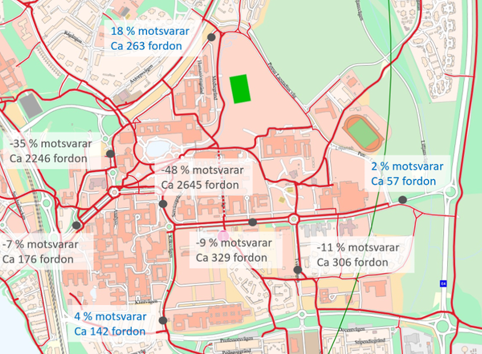 Kartbild som visar de trafikomledningar som nu är aktuella runt universitetet i Umeå.