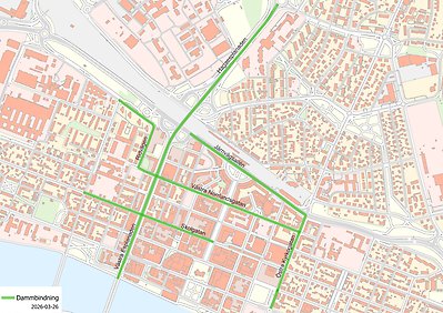 Karta över gator där dammbindning sker.