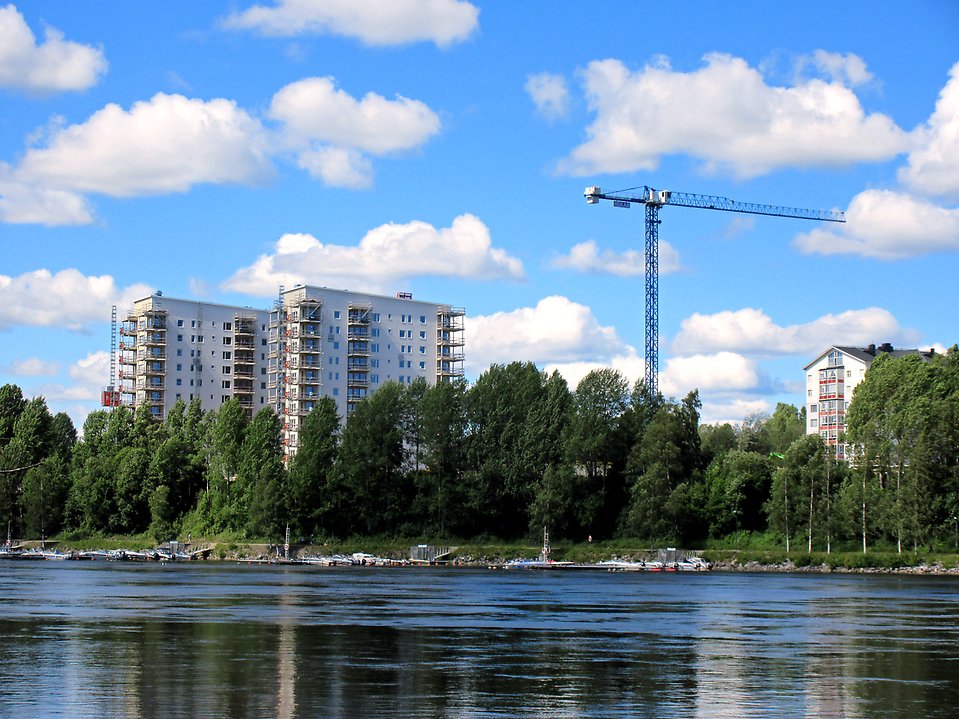 Träd längs strandpromenaden vid Umeälven med nyproduktion av flerbostadshus Väst på stan i bakgrunden.