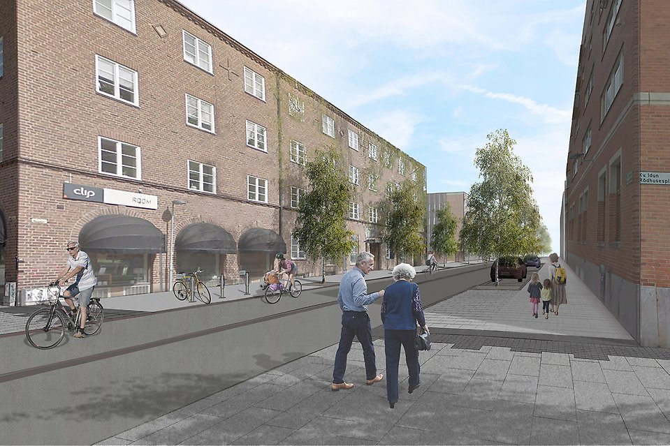 Skiss som visar Nygatan som den ska se ut när den är färdigbyggd, med björkallé och fokus på fotgängare och cyklister.