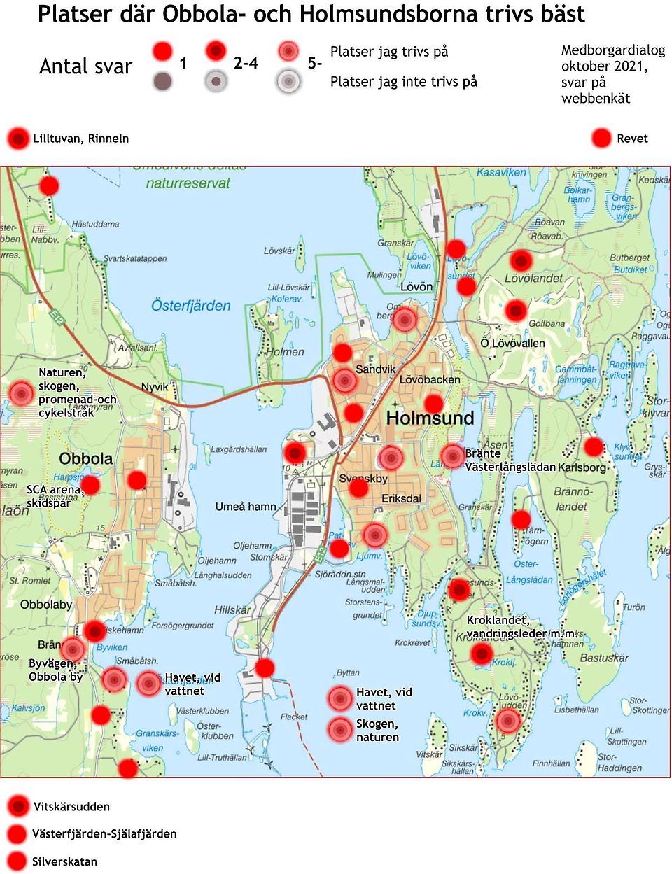 Karta med röda markeringar över de platser där Holmsunds- och Obbolabor trivs bäst.