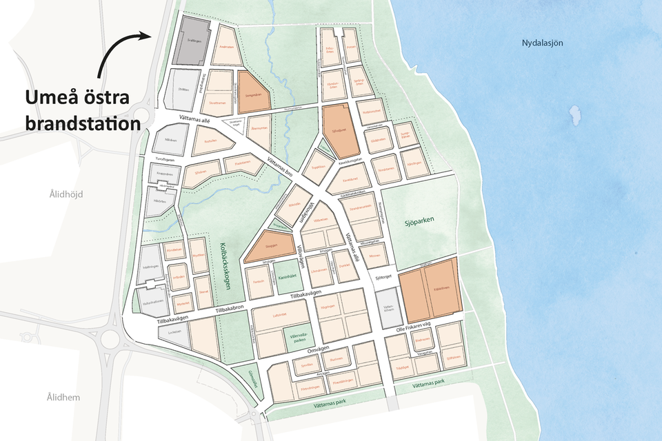Karta som visar att brandstationen byggs närmast E4:an i området Tomtebo strand. 