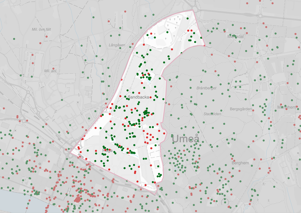 Karta 2: Kartillustration över Haga och Sandbacka som visar var invånarna i Umeå tycker det finns trivsamma och otrivsamma platser. Gröna och röda punkter är relativt jämnt fördelade över området. Många fler gröna punkter än röda.