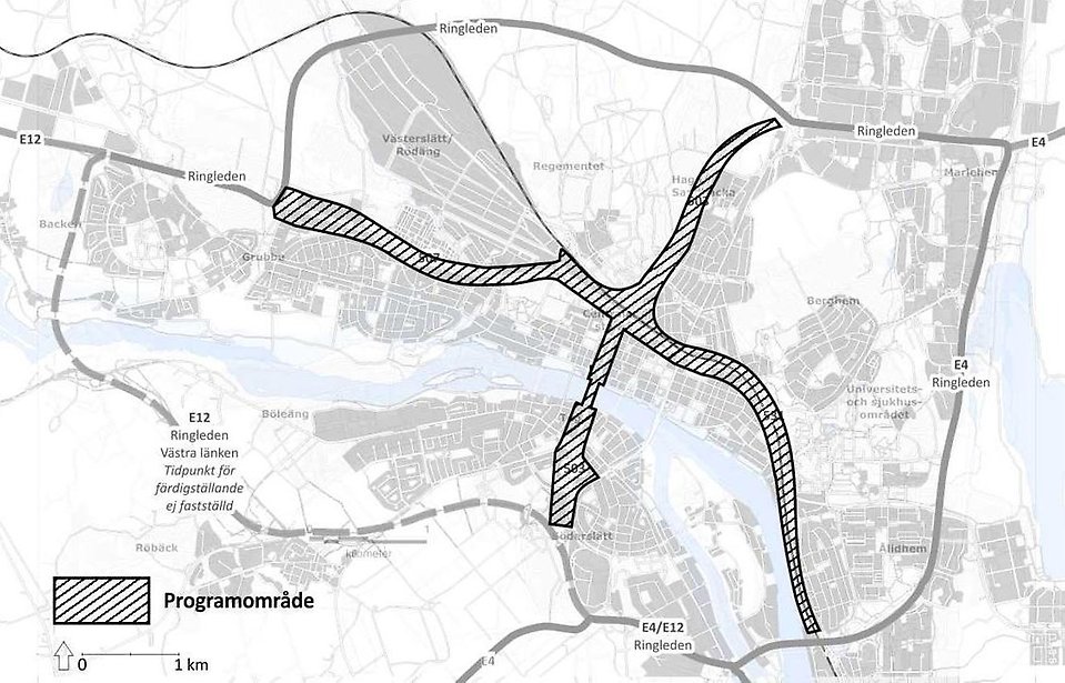 Kartillustration över Umeå stad med ringleden och programområdet är utmärkt.