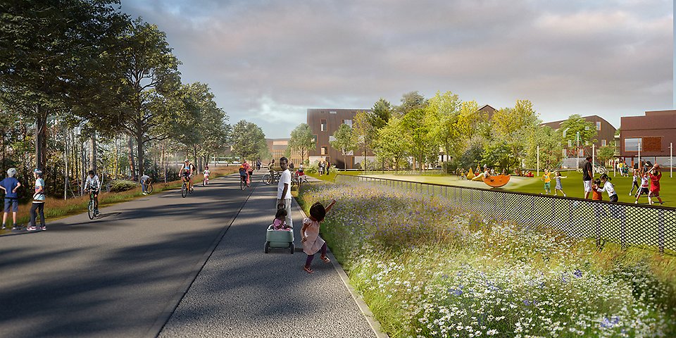 Bilden visar en av förskolorna till höger och mötet med Kolbäcksskogen till vänster.