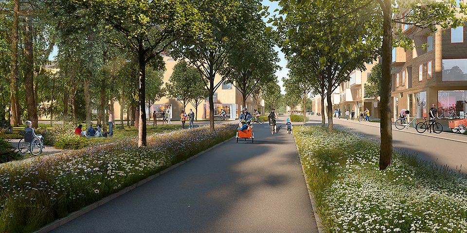 Gång- och cykeltrafik prioriteras. Det här är gatan från Ålidhem ned mot Tomtebo strands torg. Till vänster en av de mindre parkerna i området.